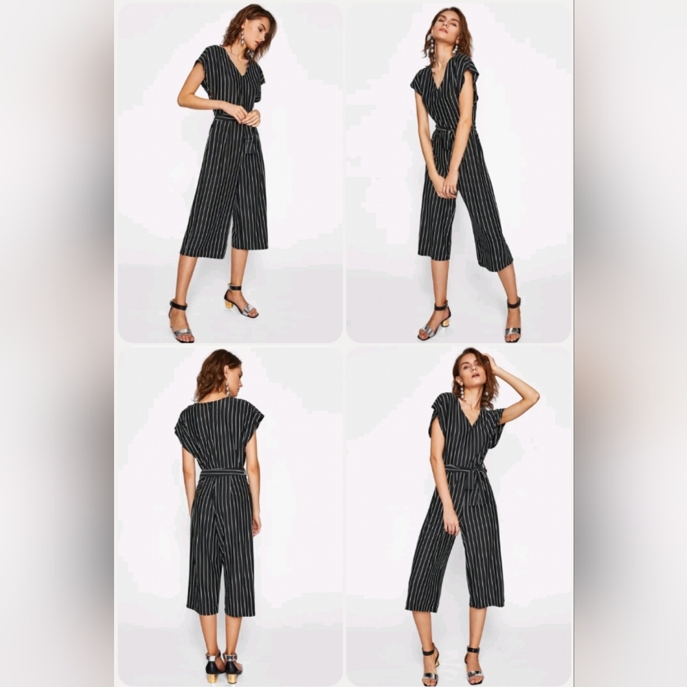 Batwing Short Sleeves V Neck Pinstripe Tie-Waist Jumpsuit, BLACK, SZ: S ~ NEW